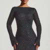 Rochie mini Grazina cu spate decupat și croi în A, cu ornamente, în negru Rochie mini Grazina cu spate decupat și croi în A, cu ornamente, în negru