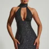 Rochie mini Henrietta cu decolteu halter și detalii de eșarfă, în culoarea neagră