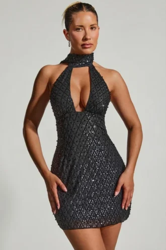 Rochie mini Henrietta cu decolteu halter și detalii de eșarfă, în culoarea neagră
