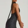 Rochie mini Henrietta cu decolteu halter și detalii de eșarfă, în culoarea neagră