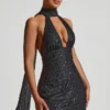 Rochie mini Henrietta cu decolteu halter și detalii de eșarfă, în culoarea neagră