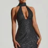 Rochie mini Henrietta cu decolteu halter și detalii de eșarfă, în culoarea neagră