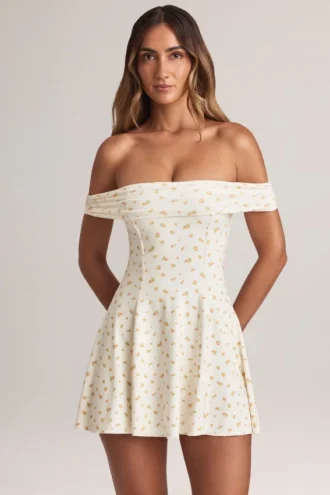 Rochie mini Jaida Modal cu umeri decupați și croi în A, cu imprimeu floral Rochie mini Jaida Modal cu umeri decupați și croi în A, cu imprimeu floral