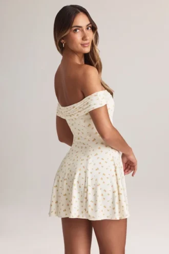 Rochie mini Jaida Modal cu umeri decupați și croi în A, cu imprimeu floral Rochie mini Jaida Modal cu umeri decupați și croi în A, cu imprimeu floral