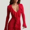 Rochie mini Jolessa cu volane din tricot pointelle, roșu stacojiu Rochie mini Jolessa cu volane din tricot pointelle, roșu stacojiu