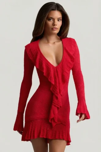 Rochie mini Jolessa cu volane din tricot pointelle, roșu stacojiu Rochie mini Jolessa cu volane din tricot pointelle, roșu stacojiu