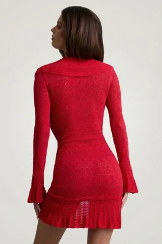 Rochie mini Jolessa cu volane din tricot pointelle, roșu stacojiu Rochie mini Jolessa cu volane din tricot pointelle, roșu stacojiu