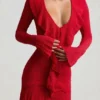 Rochie mini Jolessa cu volane din tricot pointelle, roșu stacojiu Rochie mini Jolessa cu volane din tricot pointelle, roșu stacojiu