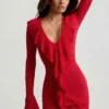 Rochie mini Jolessa cu volane din tricot pointelle, roșu stacojiu Rochie mini Jolessa cu volane din tricot pointelle, roșu stacojiu
