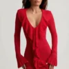 Rochie mini Jolessa cu volane din tricot pointelle, roșu stacojiu Rochie mini Jolessa cu volane din tricot pointelle, roșu stacojiu