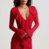 Rochie mini Jolessa cu volane din tricot pointelle, roșu stacojiu Rochie mini Jolessa cu volane din tricot pointelle, roșu stacojiu