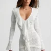 Rochie mini Jolessa din tricot pointelle cu volane, albă