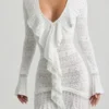 Rochie mini Jolessa din tricot pointelle cu volane, albă