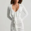 Rochie mini Jolessa din tricot pointelle cu volane, albă