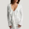 Rochie mini Jolessa din tricot pointelle cu volane, albă