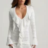 Rochie mini Jolessa din tricot pointelle cu volane, albă