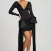 Rochie mini Karelyn cu detalii cu fundițe și drapaje, în negru