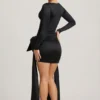 Rochie mini Karelyn cu detalii cu fundițe și drapaje, în negru