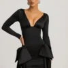 Rochie mini Karelyn cu detalii cu fundițe și drapaje, în negru