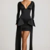 Rochie mini Karelyn cu detalii cu fundițe și drapaje, în negru