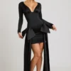 Rochie mini Karelyn cu detalii cu fundițe și drapaje, în negru