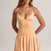 Rochie mini Kelbie din modal cu volane, croi în A, în culoarea piersică Rochie mini Kelbie din modal cu volane, croi în A, în culoarea piersică