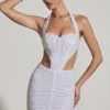 Rochie mini Lucia cu decupaje și gât halter, în alb
