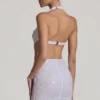Rochie mini Lucia cu decupaje și gât halter, în alb