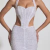 Rochie mini Lucia cu decupaje și gât halter, în alb