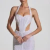 Rochie mini Lucia cu decupaje și gât halter, în alb