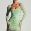 Rochie mini Marilla cu guler drapat și decorațiuni, în culoarea Pistachio