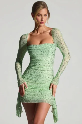 Rochie mini Marilla cu guler drapat și decorațiuni, în culoarea Pistachio Rochie mini Marilla cu guler drapat și decorațiuni, în culoarea Pistachio