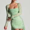 Rochie mini Marilla cu guler drapat și decorațiuni, în culoarea Pistachio