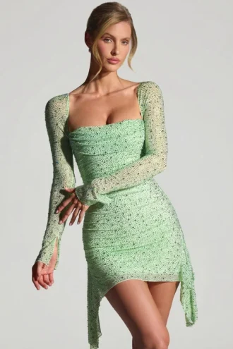 Rochie mini Marilla cu guler drapat și decorațiuni, în culoarea Pistachio Rochie mini Marilla cu guler drapat și decorațiuni, în culoarea Pistachio