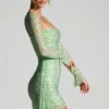 Rochie mini Marilla cu guler drapat și decorațiuni, în culoarea Pistachio