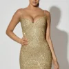 Rochie mini Mischa cu decolteu în formă de inimă și ornamente, în culoarea aurie
