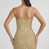 Rochie mini Mischa cu decolteu în formă de inimă și ornamente, în culoarea aurie