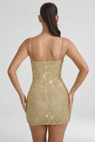 Rochie mini Mischa cu decolteu în formă de inimă și ornamente, în culoarea aurie Rochie mini Mischa cu decolteu în formă de inimă și ornamente, în culoarea aurie