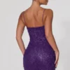 Rochie mini Mischa cu decolteu în formă de inimă și ornamente, în culoarea violet