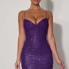 Rochie mini Mischa cu decolteu în formă de inimă și ornamente, în culoarea violet