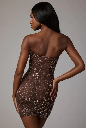 Rochie mini mulată Caprice Sheer Embellished în culoarea Deep Cocoa Rochie mini mulată Caprice Sheer Embellished în culoarea Deep Cocoa