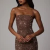 Rochie mini mulată Caprice Sheer Embellished în culoarea Deep Cocoa Rochie mini mulată Caprice Sheer Embellished în culoarea Deep Cocoa