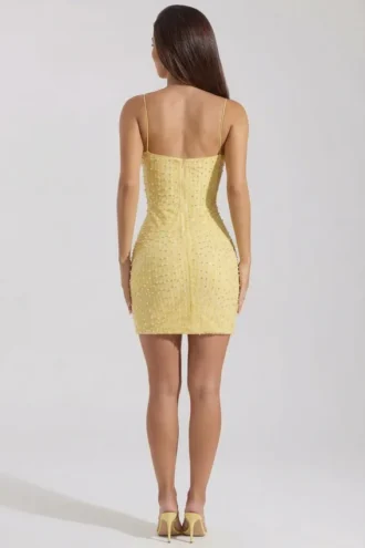 Rochie mini mulată cu decolteu rotund și ornamente Lunetta, galben Rochie mini mulată cu decolteu rotund și ornamente Lunetta, galben