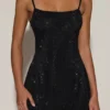 Rochie mini mulată, cu decolteu rotund și spate decupat, cu ornamente, model Philomena, culoare negru