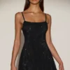 Rochie mini mulată, cu decolteu rotund și spate decupat, cu ornamente, model Philomena, culoare negru