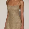 Rochie mini mulată cu decolteu rotund și spate decupat, cu ornamente, Philomena, în culoarea auriu