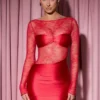 Rochie mini mulată cu mâneci lungi și inserții din dantelă Eliette, roșie