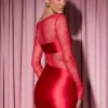 Rochie mini mulată cu mâneci lungi și inserții din dantelă Eliette, roșie