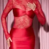 Rochie mini mulată cu mâneci lungi și inserții din dantelă Eliette, roșie
