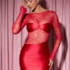 Rochie mini mulată cu mâneci lungi și inserții din dantelă Eliette, roșie